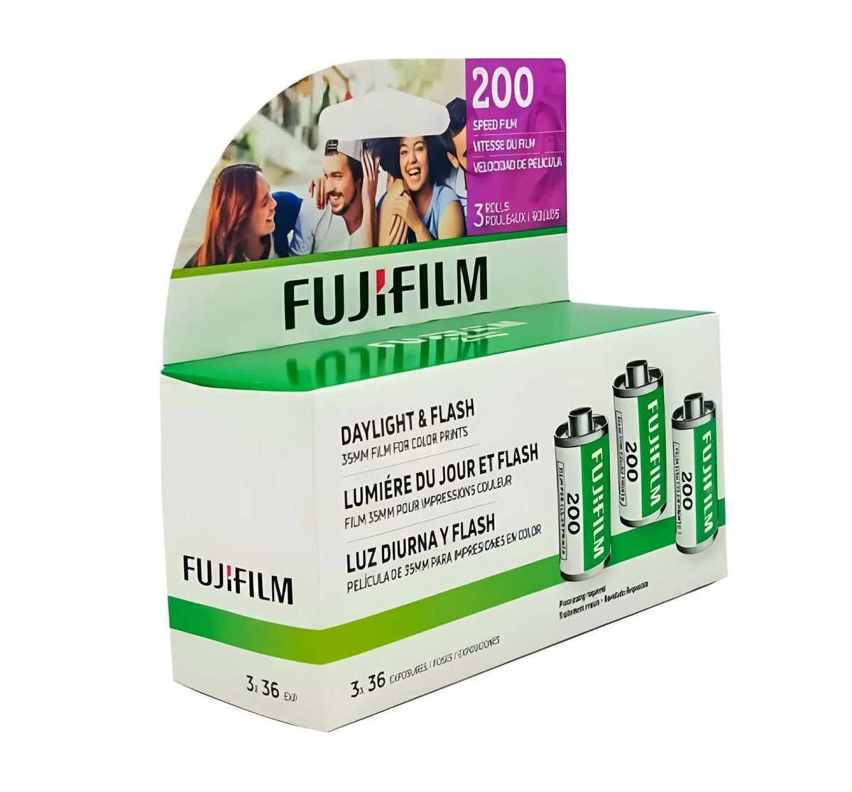Fujifilm 200-speed daylight and flash 35mm color film in a white, green, and purple retail box containing three rolls.