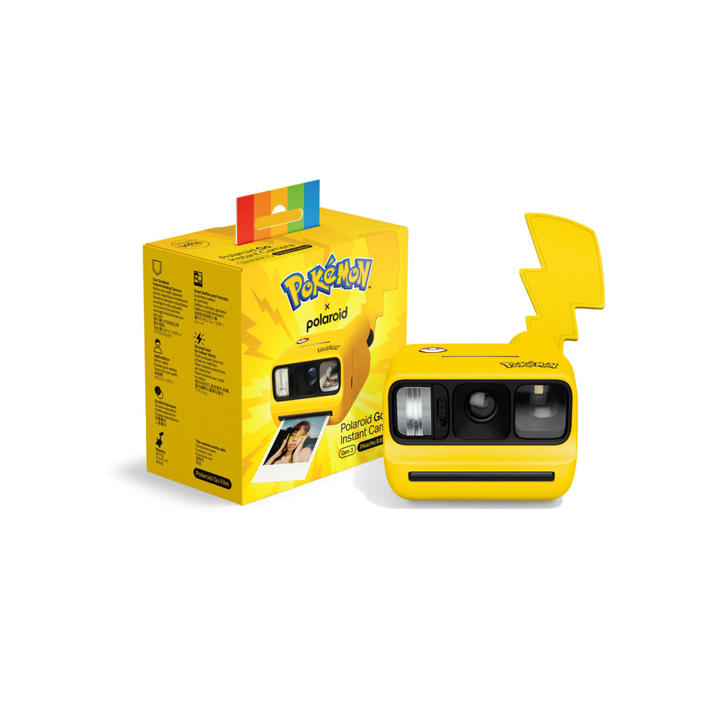 Polaroid Go Gen 3 Pikachu Edition camera next to its yellow Pokémon gift box