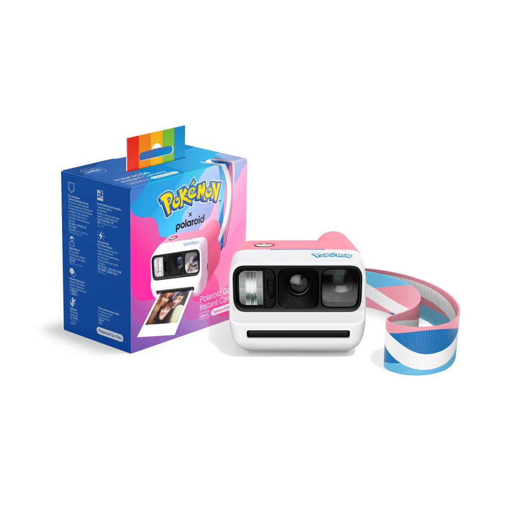 Polaroid Go Gen 3 Sylveon Edition camera with pastel strap next to its blue and pink Pokémon gift box
