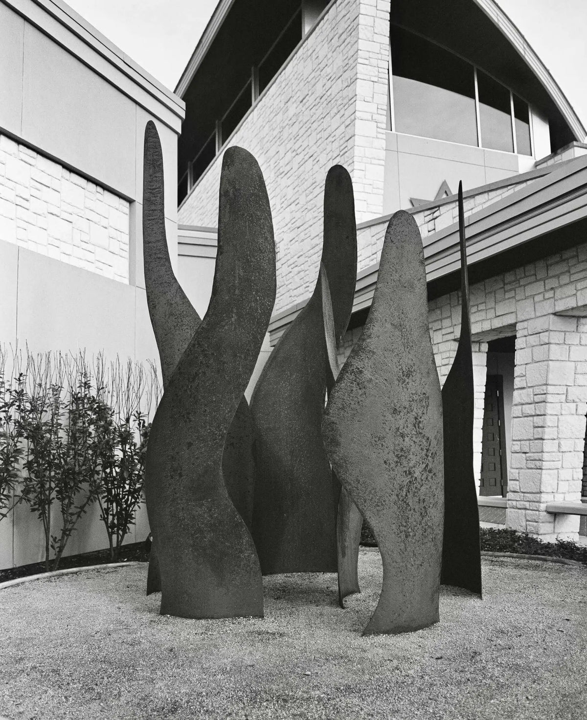 Abstract steel sculpture with flowing, organic forms and a weathered texture.
