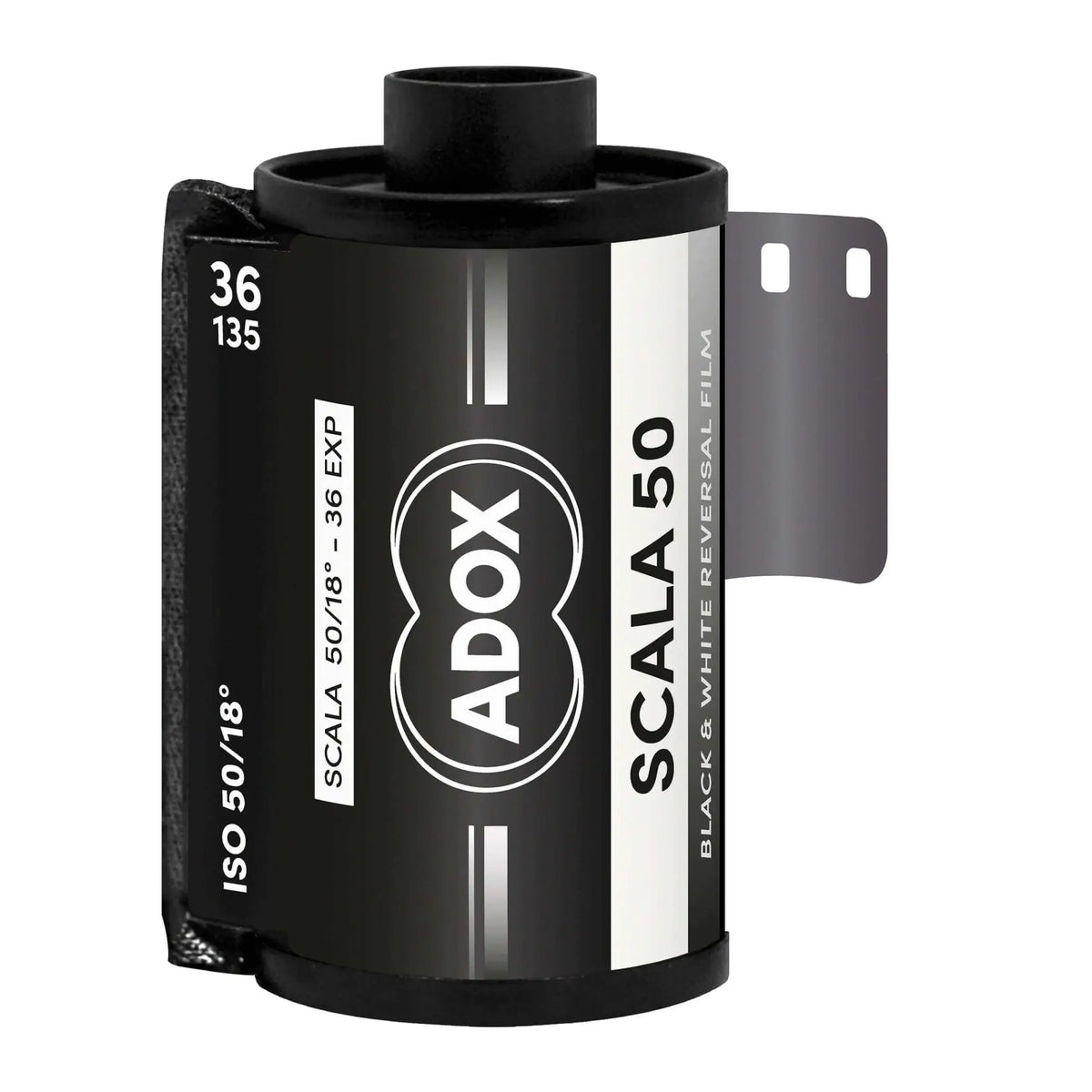 Black adox scala 50 black and white reversal film canister with silver text and a metallic gray sprocket.