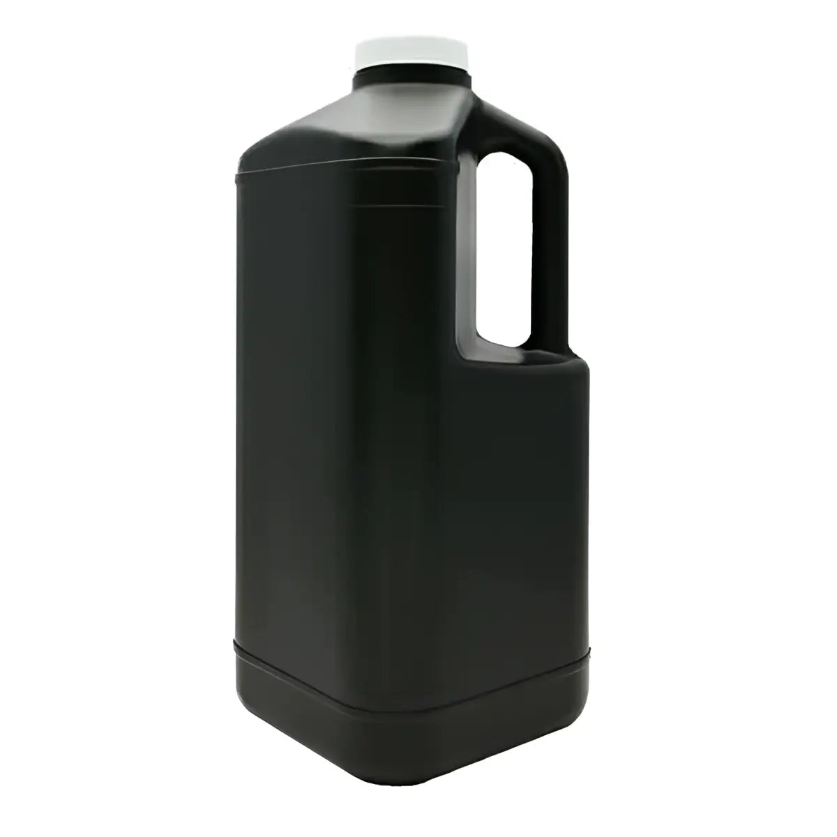 Black plastic jug with a white cap and integrated handle.