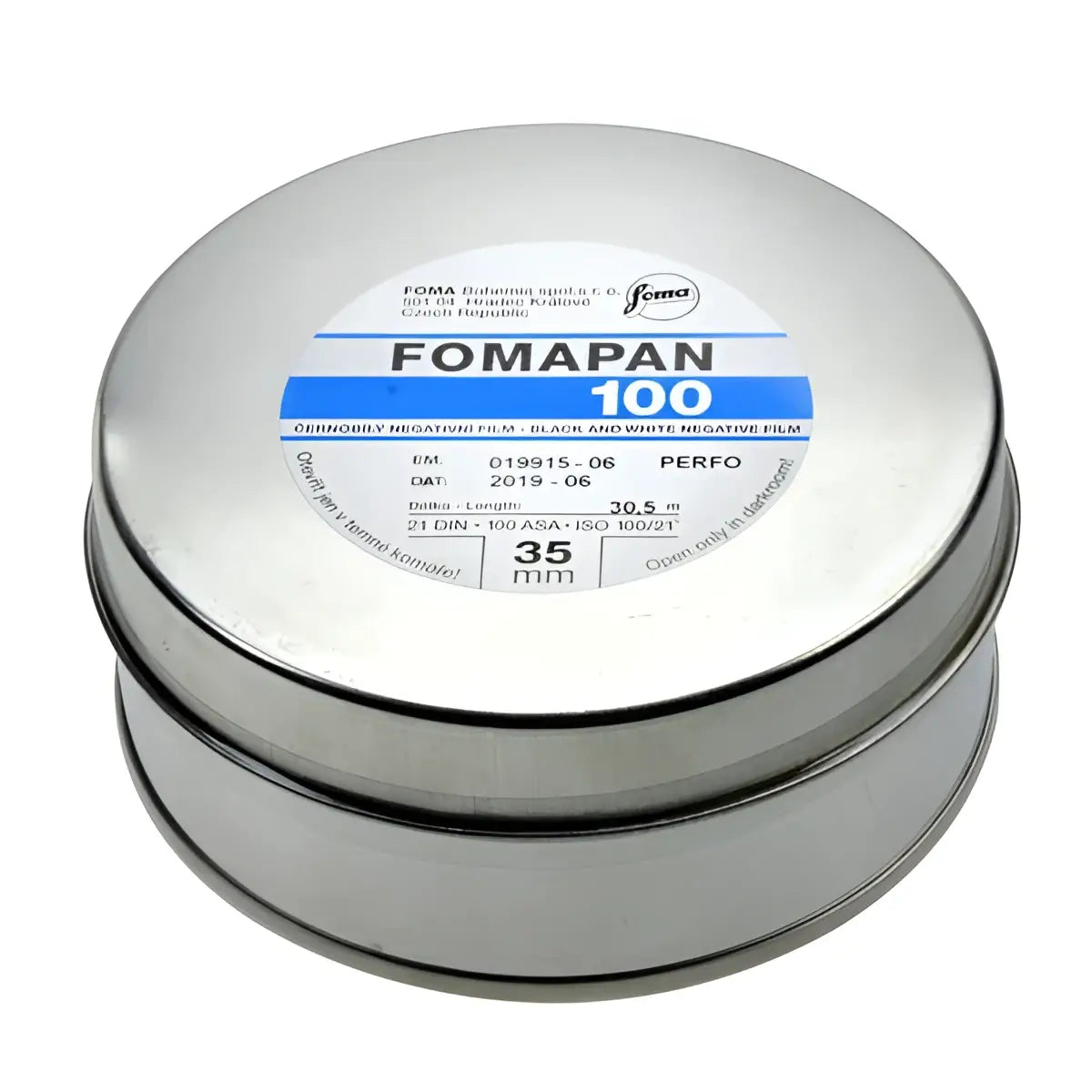 Silver cylindrical canister of fomapan 100 black and white negative film.