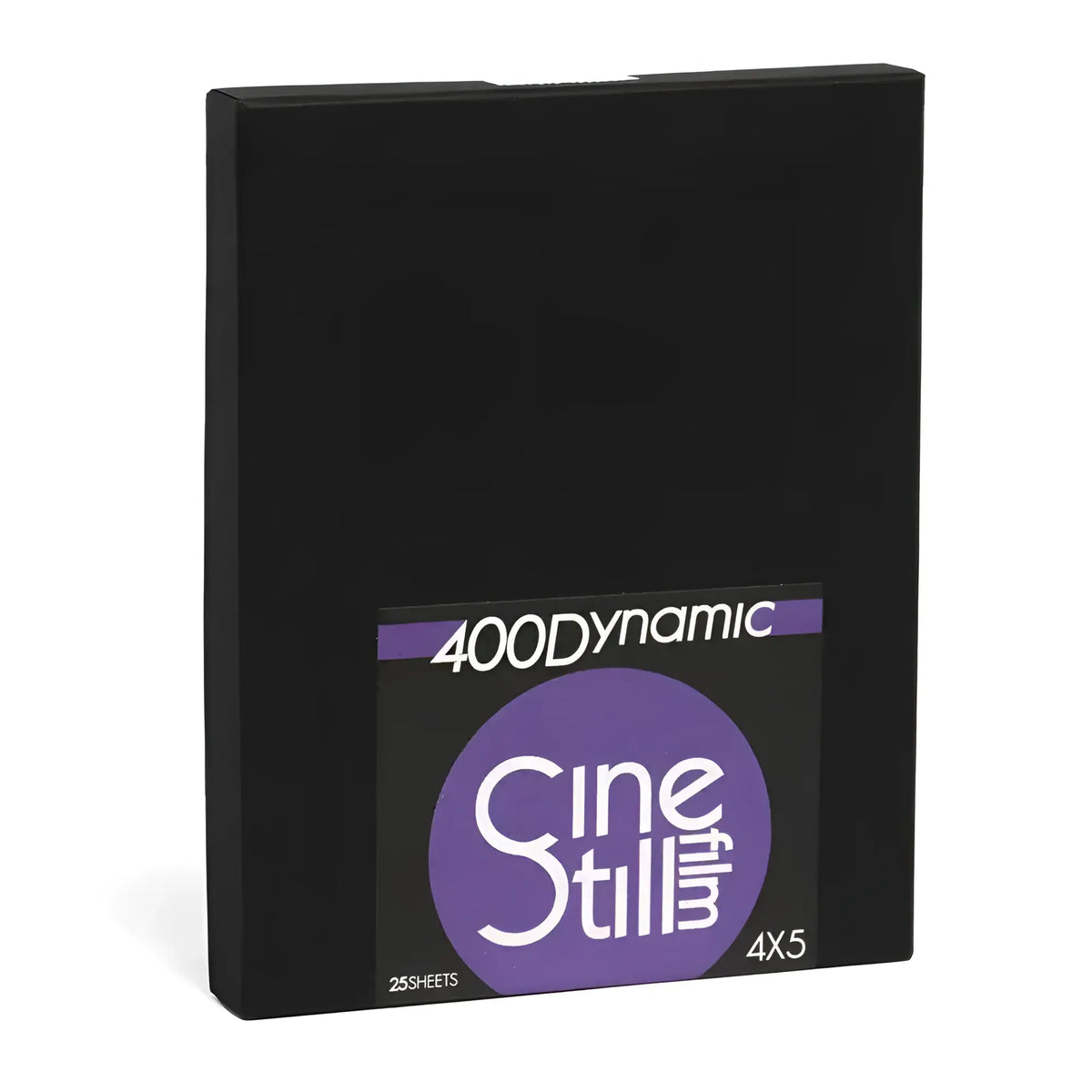 Black rectangular box with a purple and white label featuring the ’400dynamic cinestill’ branding, indicating it contains 25 sheets of 4x5 film.