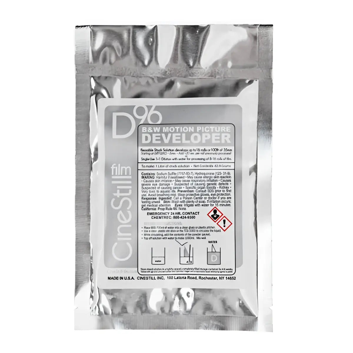Silver foil packet of b&w motion picture developer labeled ’cinestill d96’’