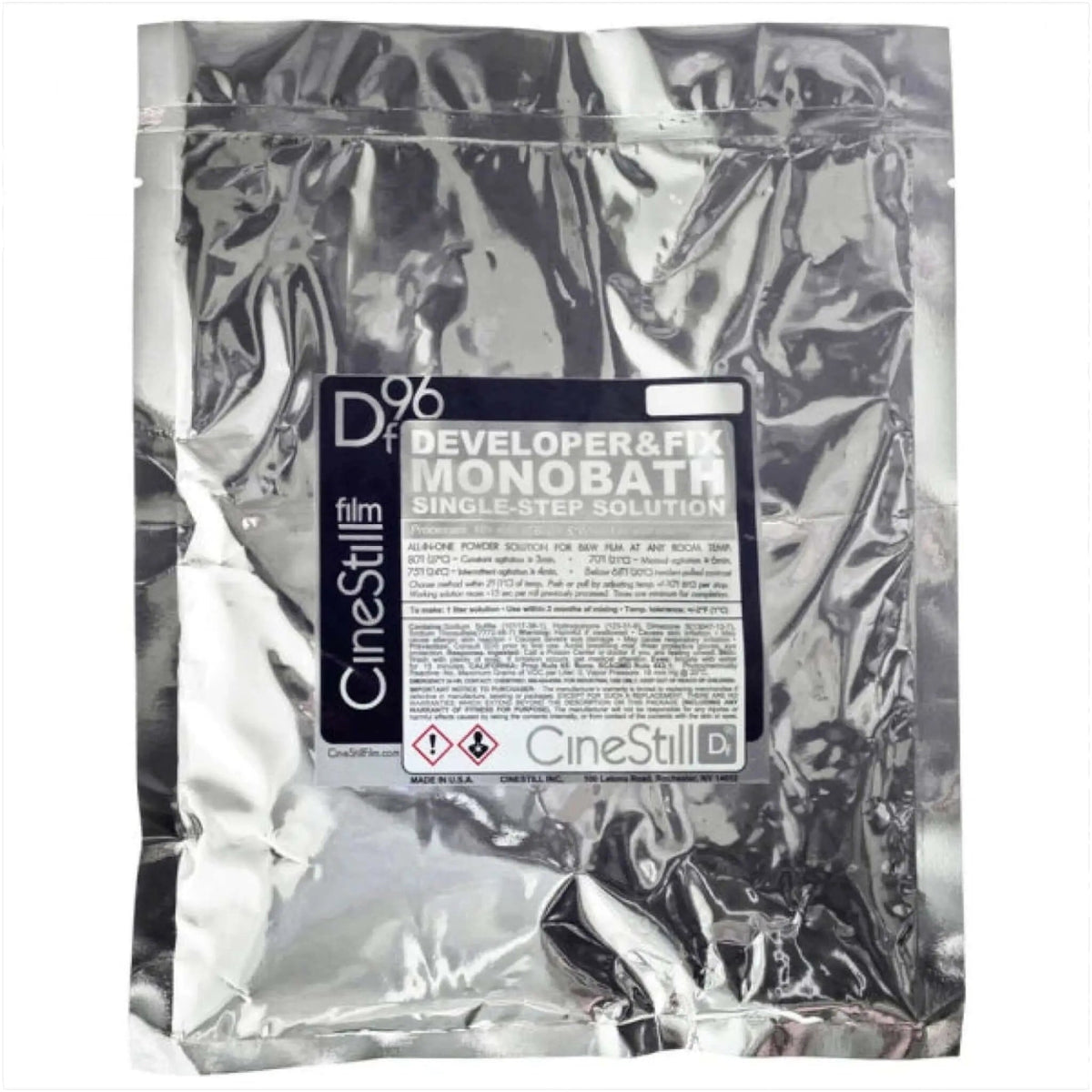 Silver foil packet containing a cinestill d96 developer and fix monobath single-step solution for film photography.