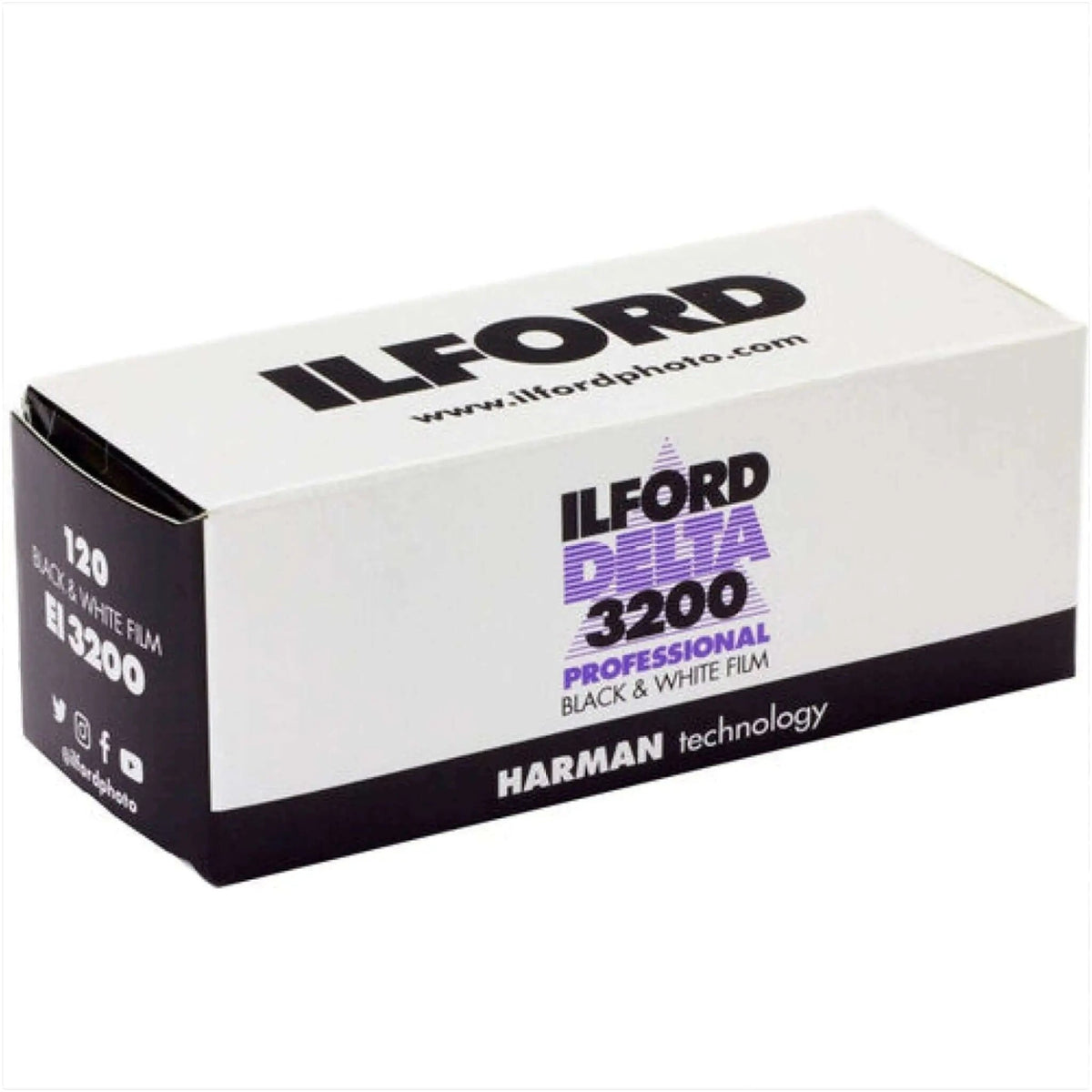 White cardboard box of ilford delta 3200 professional black & white film, featuring bold black and purple branding with a sleek minimalist design.