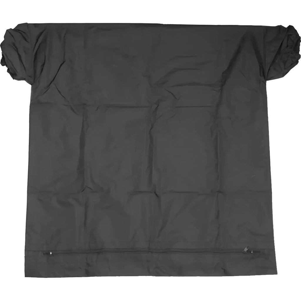 Black fabric car seat cover with elasticized sleeves and a zipper closure along the bottom edge.