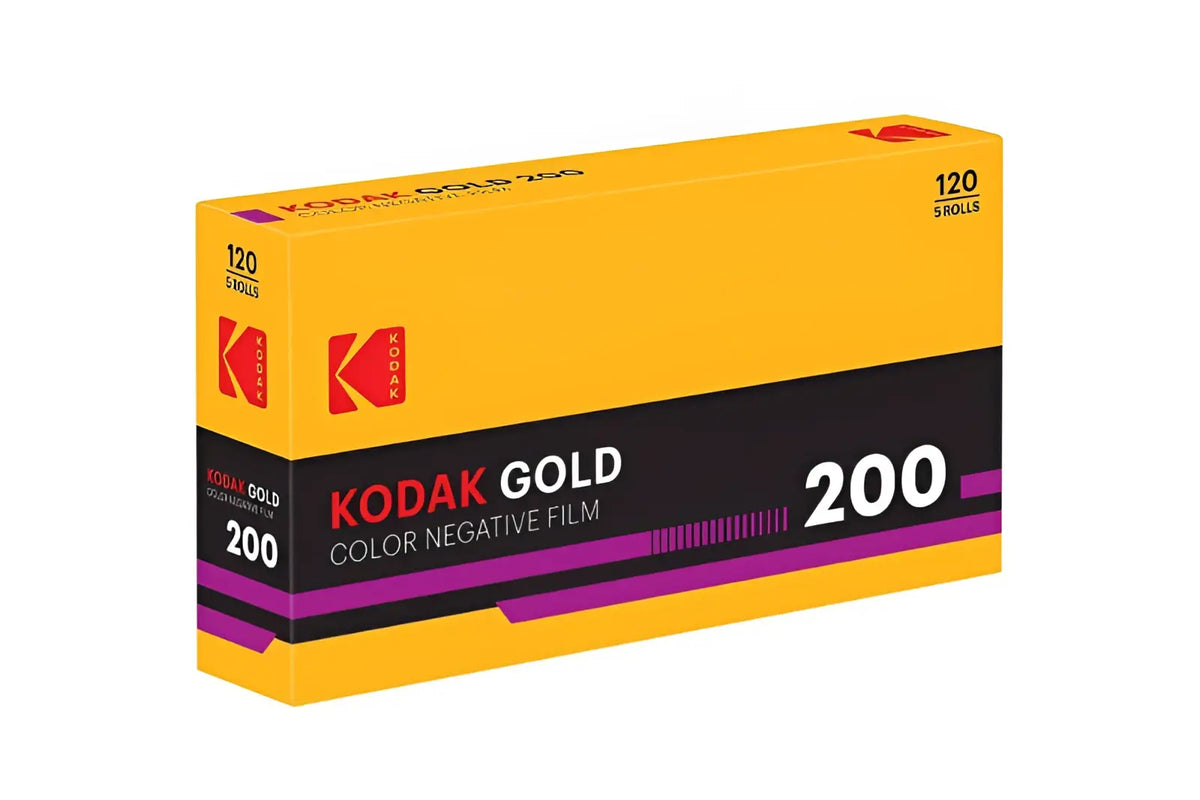 Yellow and black box of Eastman Kodak gold 200 iso fine grain color negative film with purple accents in 5-pack
