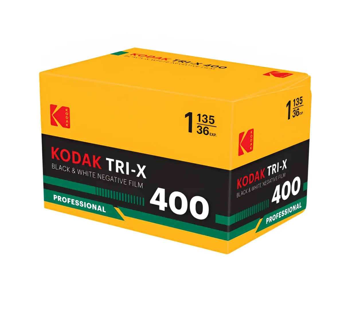 Yellow and black box of Eastman Kodak tri-x 400 ISO black and white 35x36 professional negative film