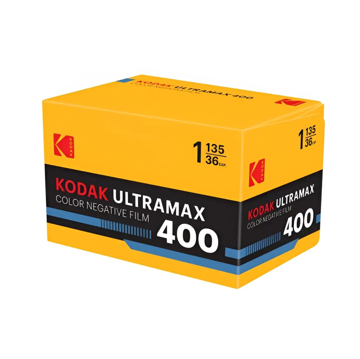 Bright yellow Eastman Kodak Ultramax 400 color negative film box with optimized color precision technology and ultra max branding
