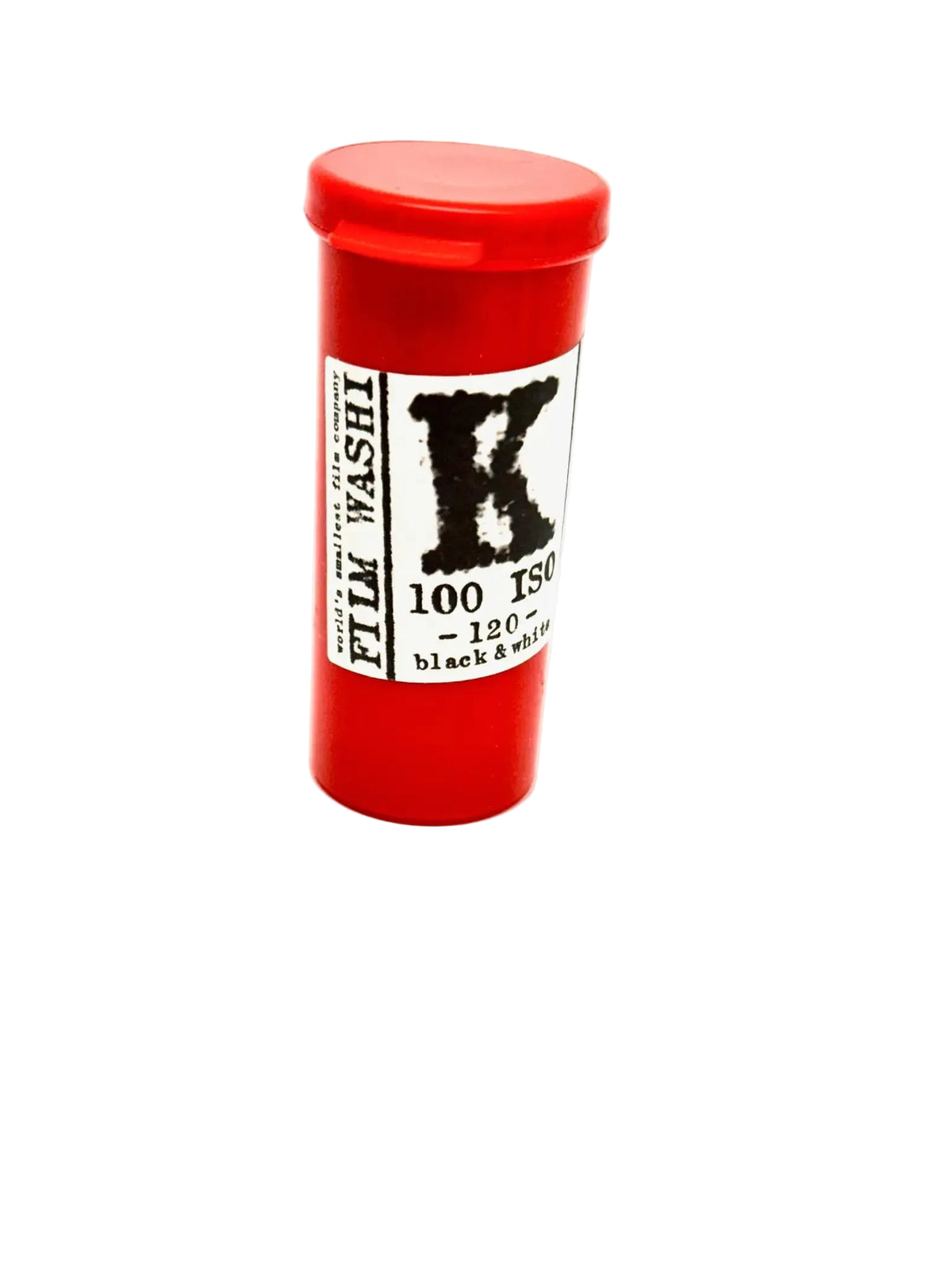 Red cylindrical container of film washi 100 iso black & white photographic film.