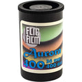 A black cylindrical roll of flic film aurora 400 film, labeled with vibrant green and orange aurora imagery.