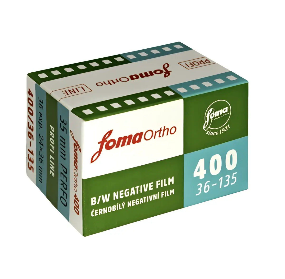 Green and white box of foma ortho 400 b/w negative film.