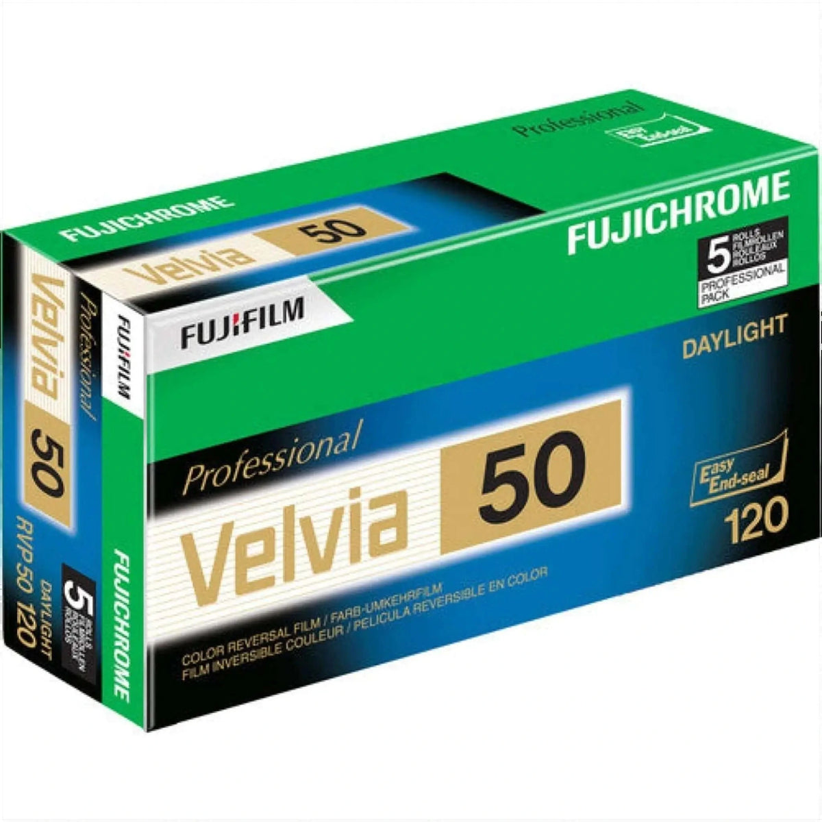 Green and blue box of fujifilm velvia 50 color reversal film for daylight use.