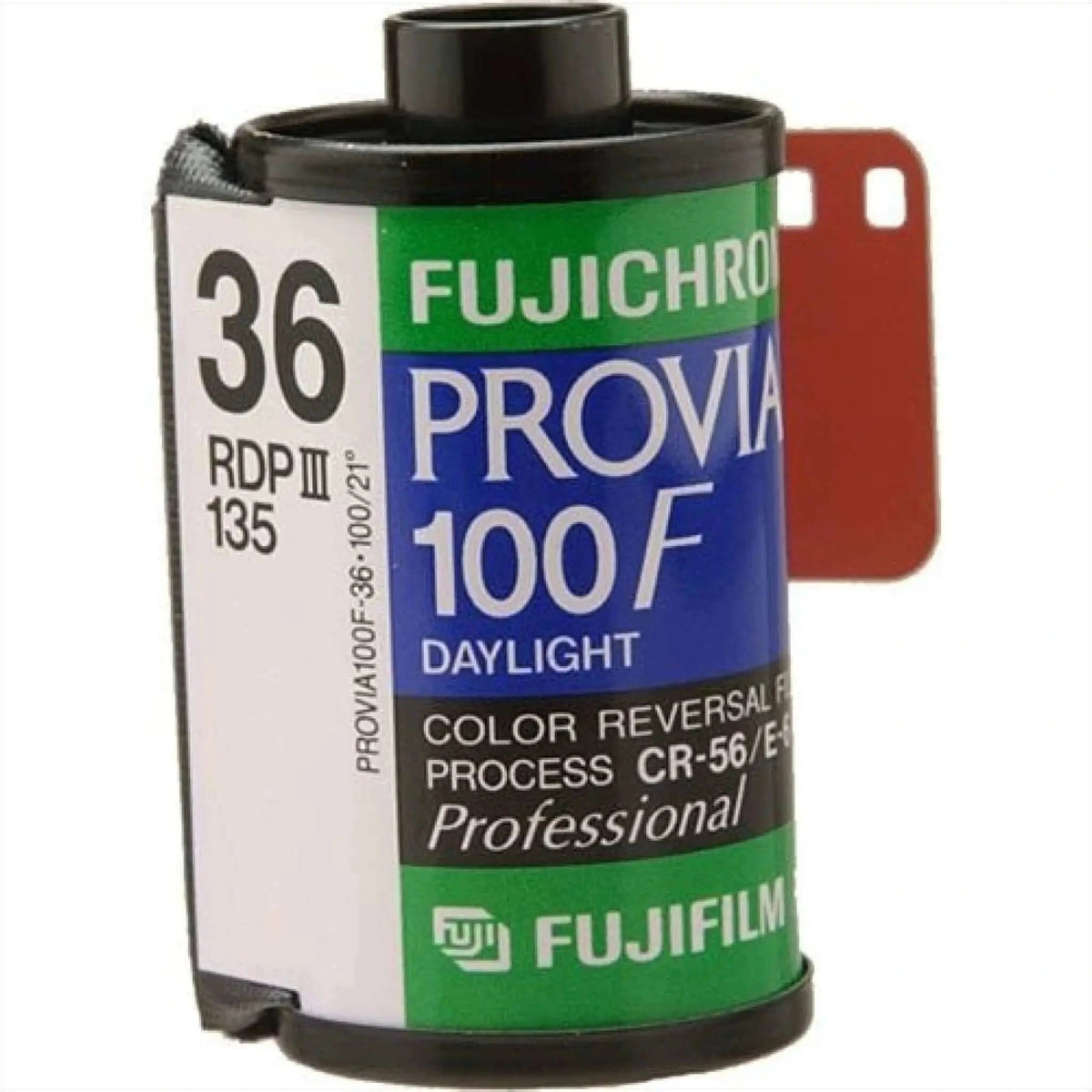Fujichrome provia 100f daylight color reversal film canister in green, blue, and white with black plastic cap.
