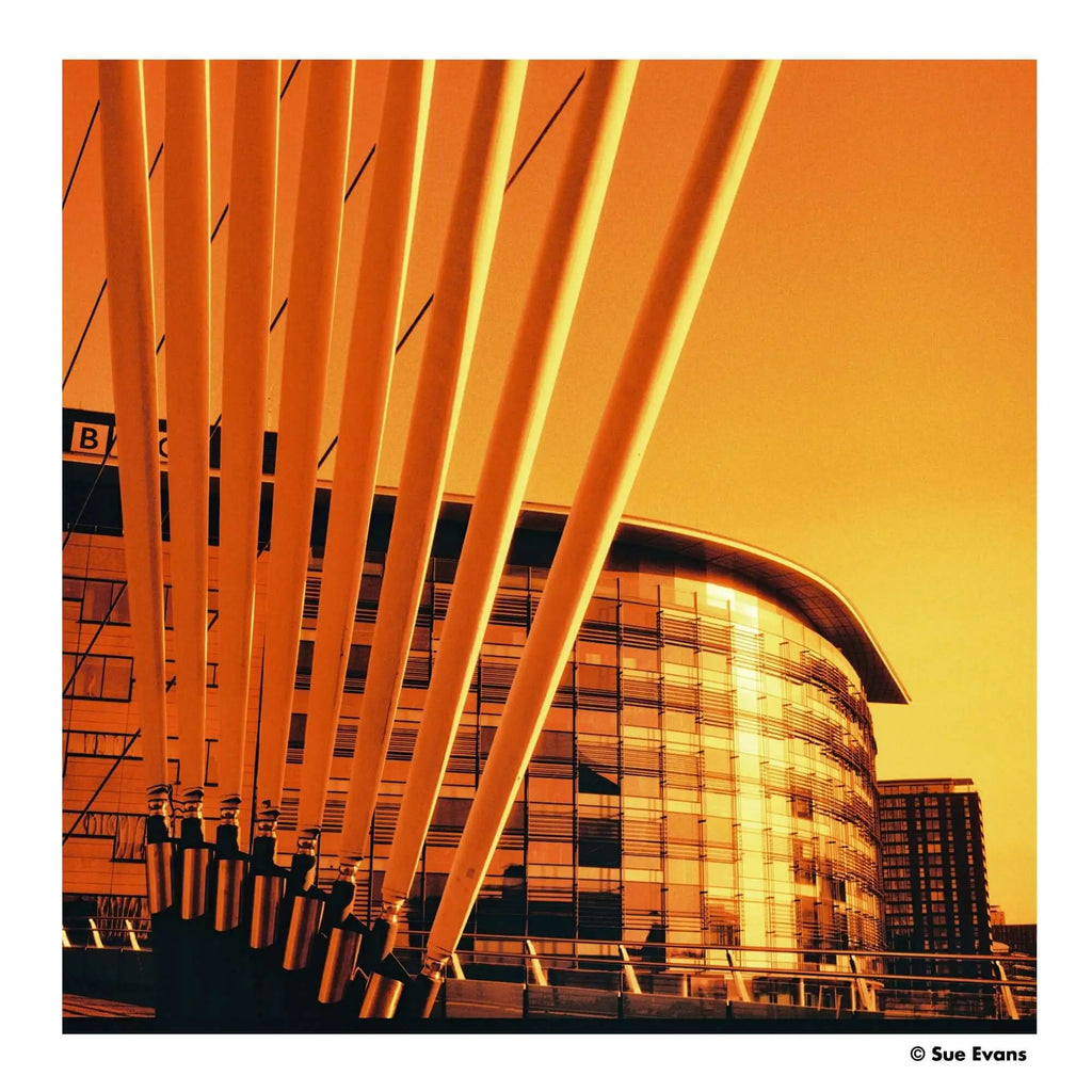 Golden-orange steel arches frame a modern glass building under a warm, sunlit sky.