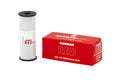 Harman red iso 125 redscales film roll in a white cylindrical canister with black caps, displayed beside its matching red retail box.