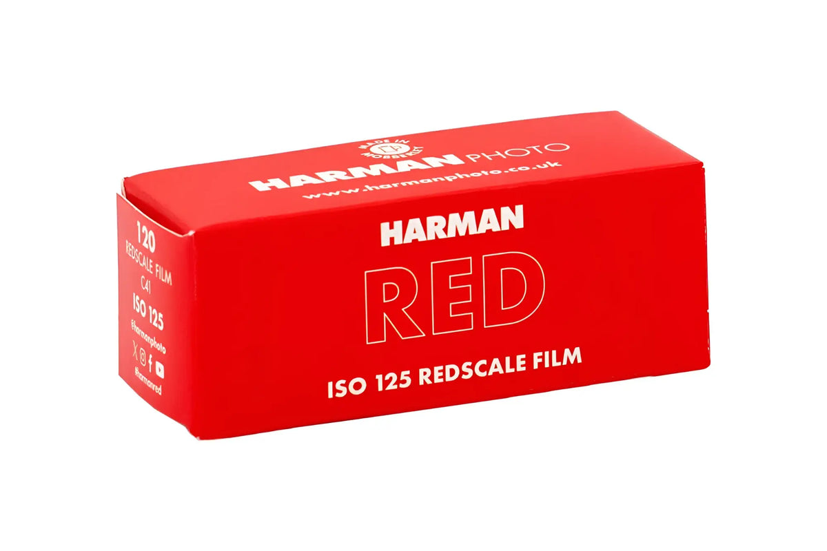 Red rectangular box of harman photo iso 125 redscale film.