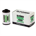 Ilford delta 400 professional black & white film roll in a white and green box with harman technology branding.