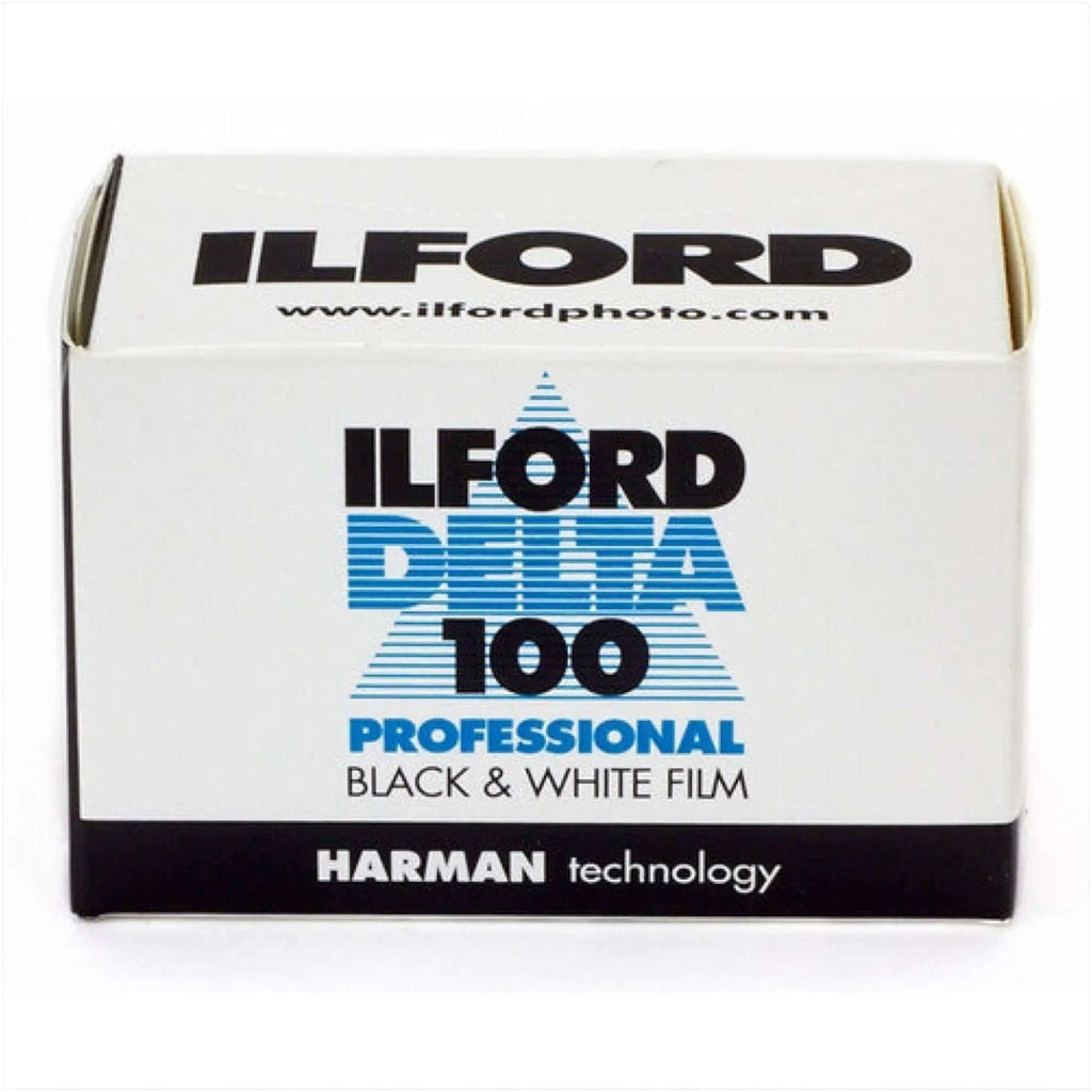 White cardboard box of ilford delta 100 professional black & white film with blue and black branding.