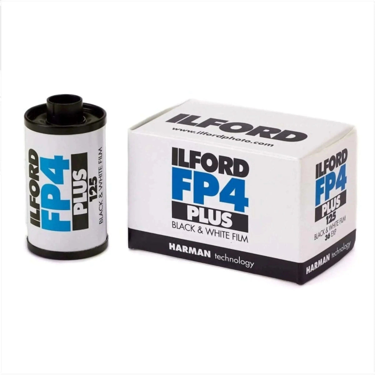 Ilford fp4 plus 125 black and white film roll in a white box with blue and black branding.