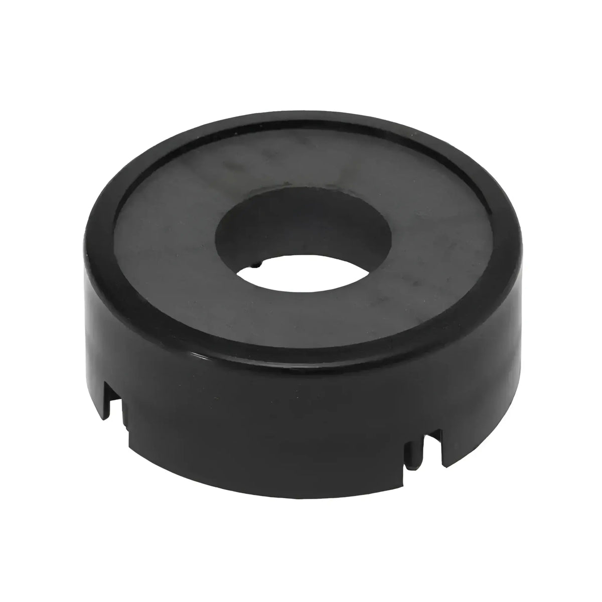 Black circular plastic component with a central hole and notched edges.