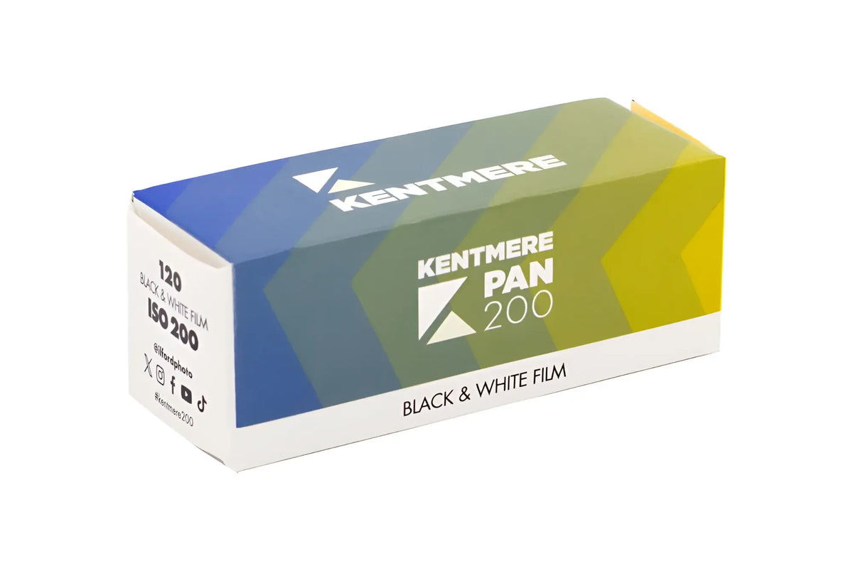 Kentmere pan 200 black and white film in a colorful geometric-patterned box.