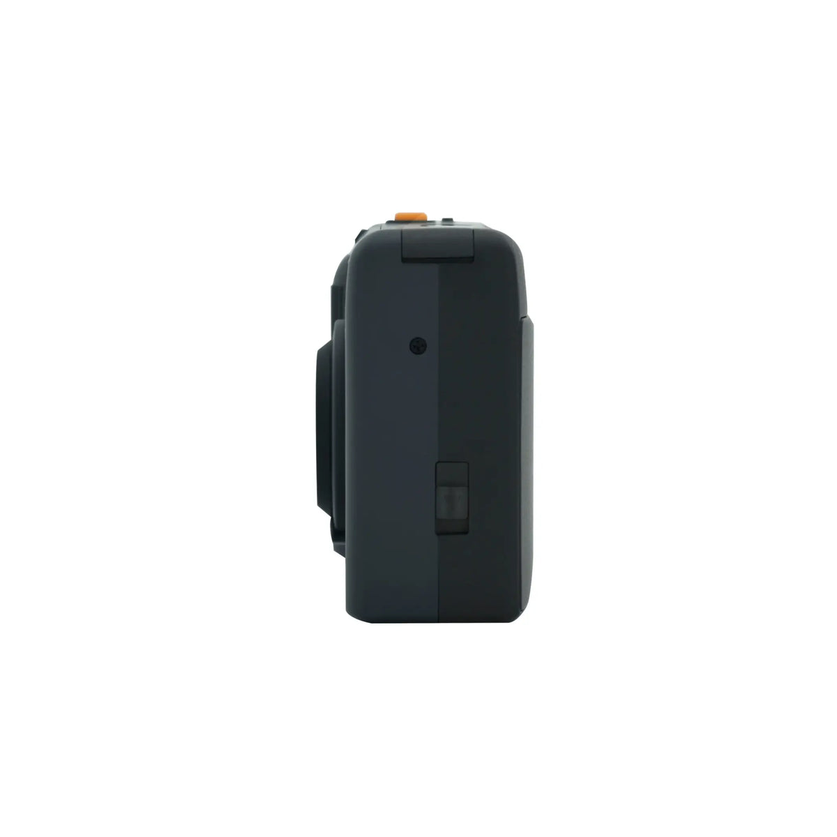 Black compact digital camera with a matte finish and an orange shutter button.