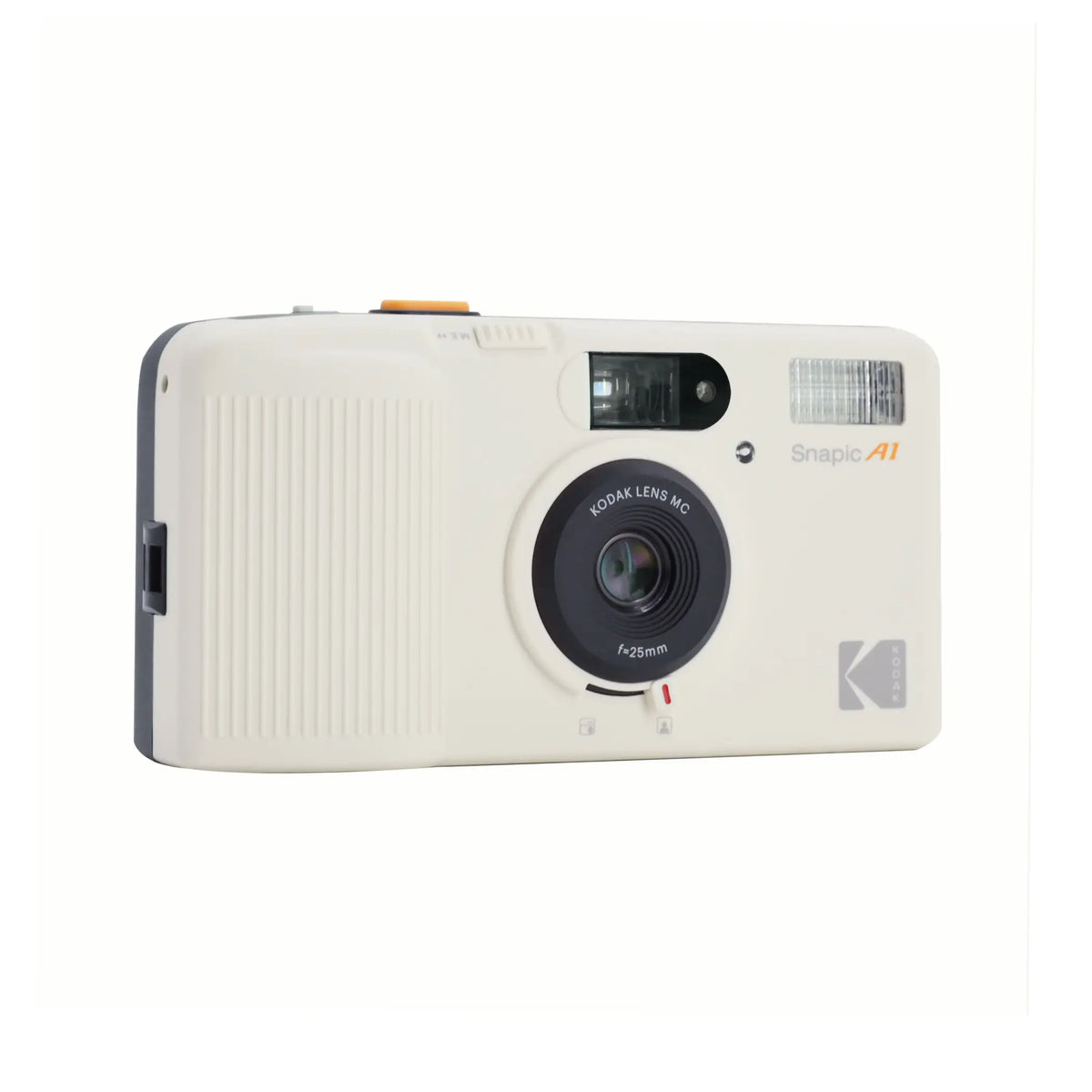 Cream-colored kodak snapie a1 instant camera with a black lens and orange accents.