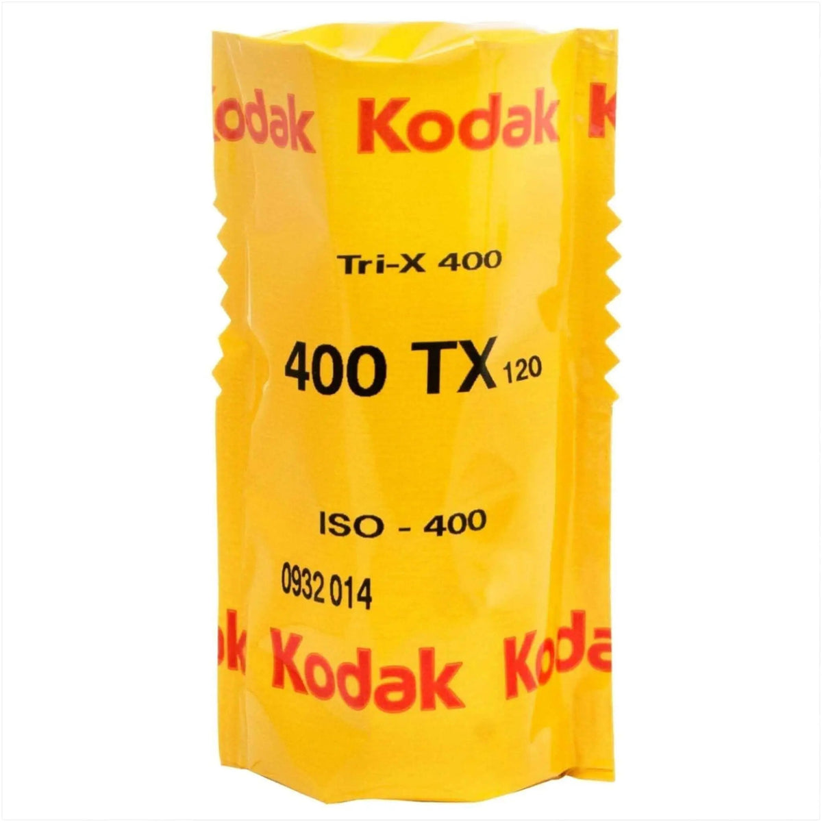 A bright yellow kodak tri-x 400 film roll in its original packaging, labeled with black and red text.