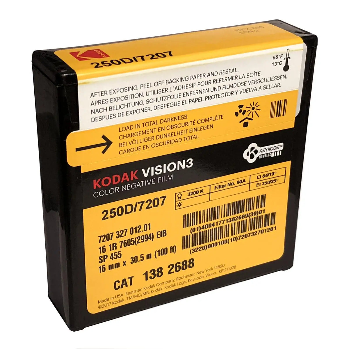 Kodak Vision3 250D/7207 16mm x 100 ft color negative film can