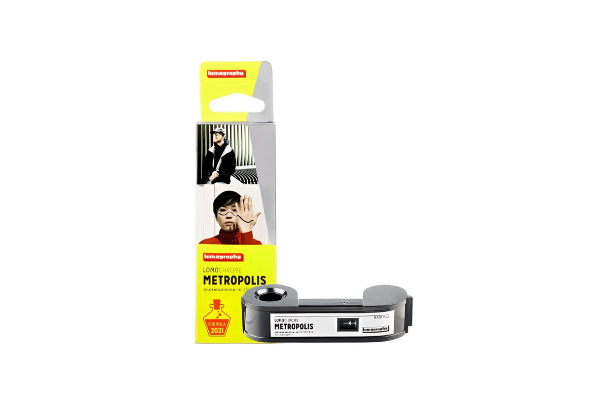Lomo’instant metropolis film pack in sleek black and silver design, featuring a compact rectangular shape with rounded edges.