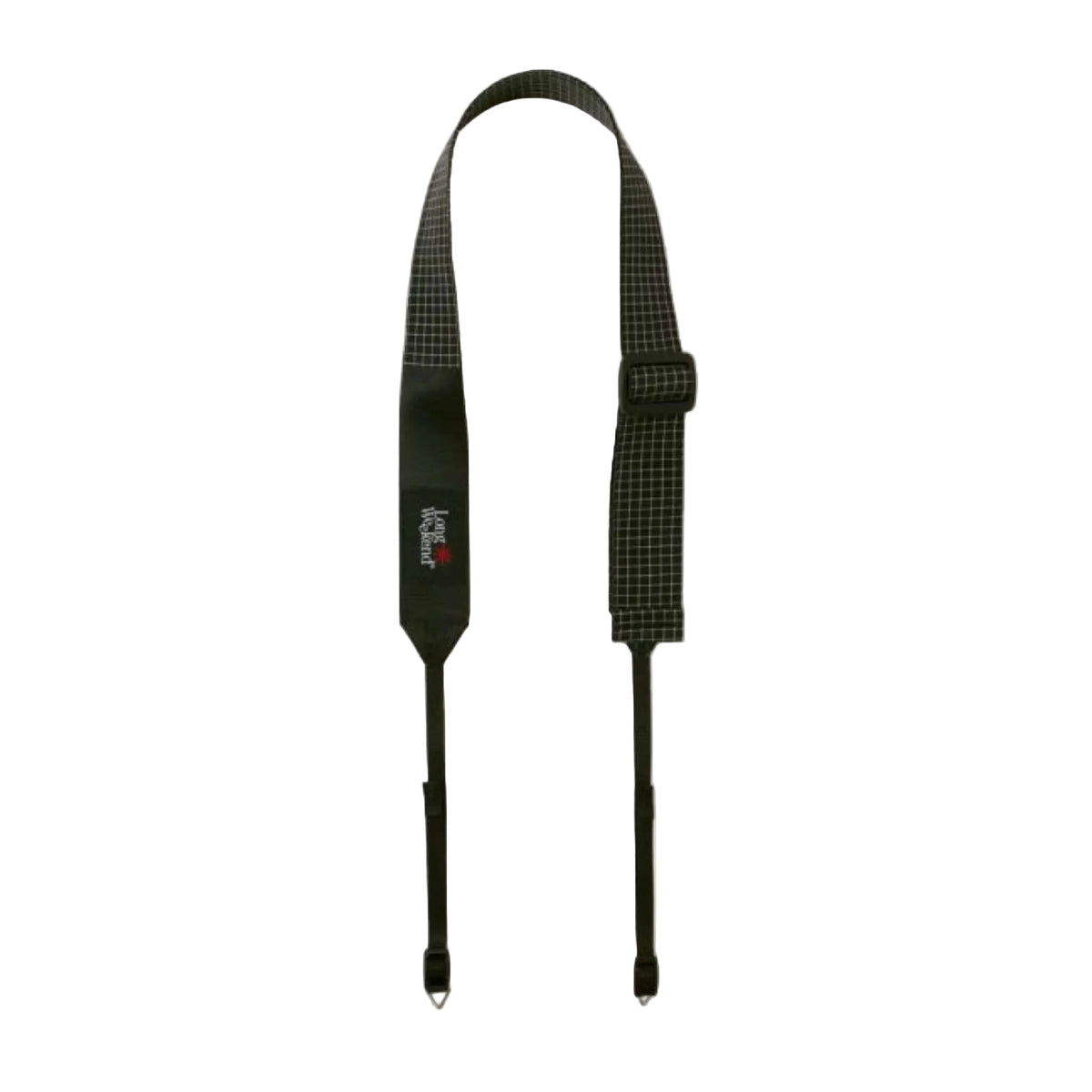 Black camera strap with a subtle grid pattern and adjustable buckle.