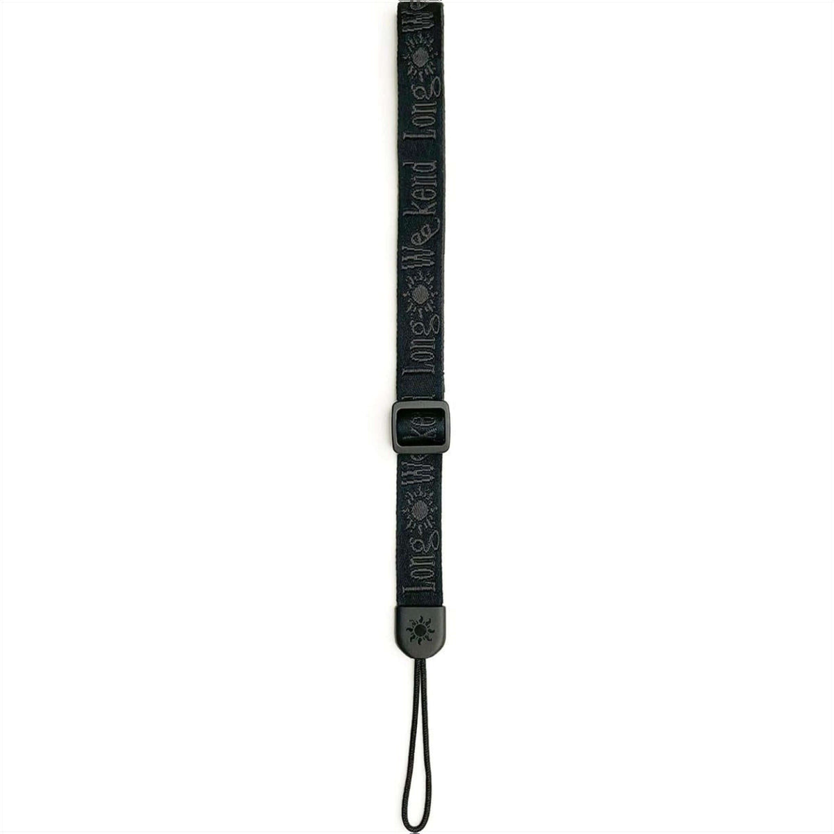 Black fabric wrist strap with ’long weekend’ text and sun motifs, featuring a black plastic buckle and end loop.