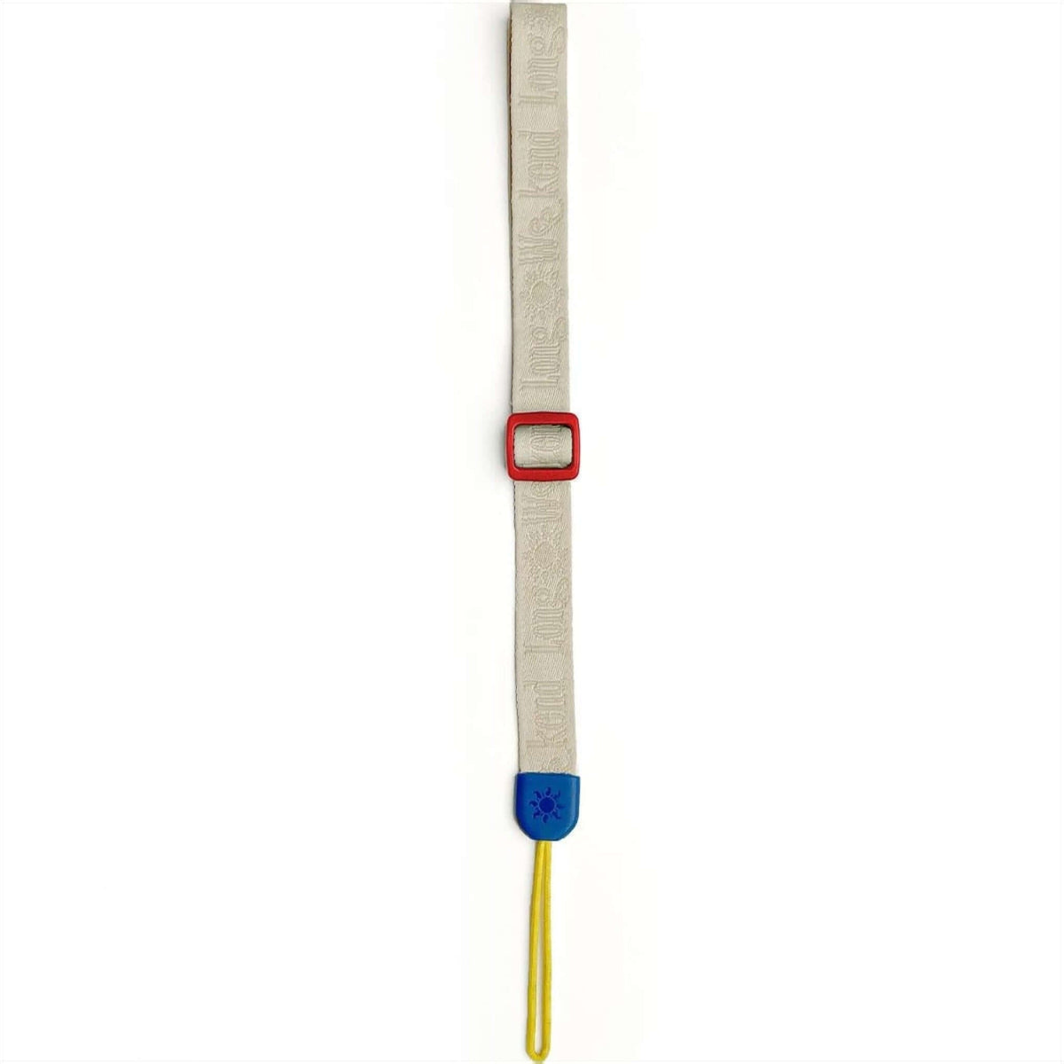 Beige strap with red buckle and blue end cap, featuring embossed text along its length.