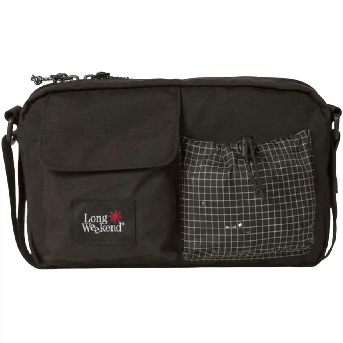 Black long weekend crossbody bag with a grid-patterned pocket and adjustable strap.