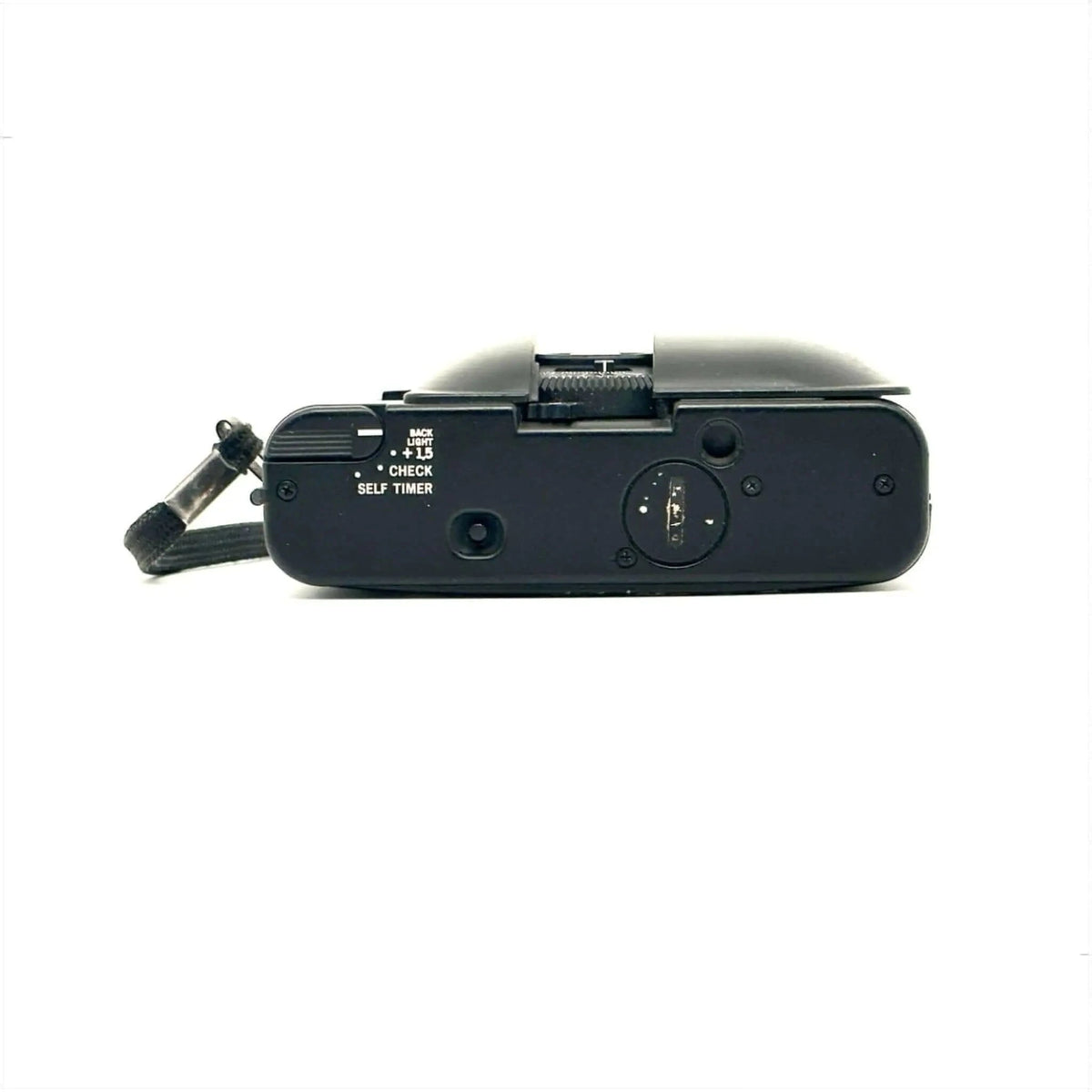 Black fujifilm compact camera with a textured grip and visible control dials.