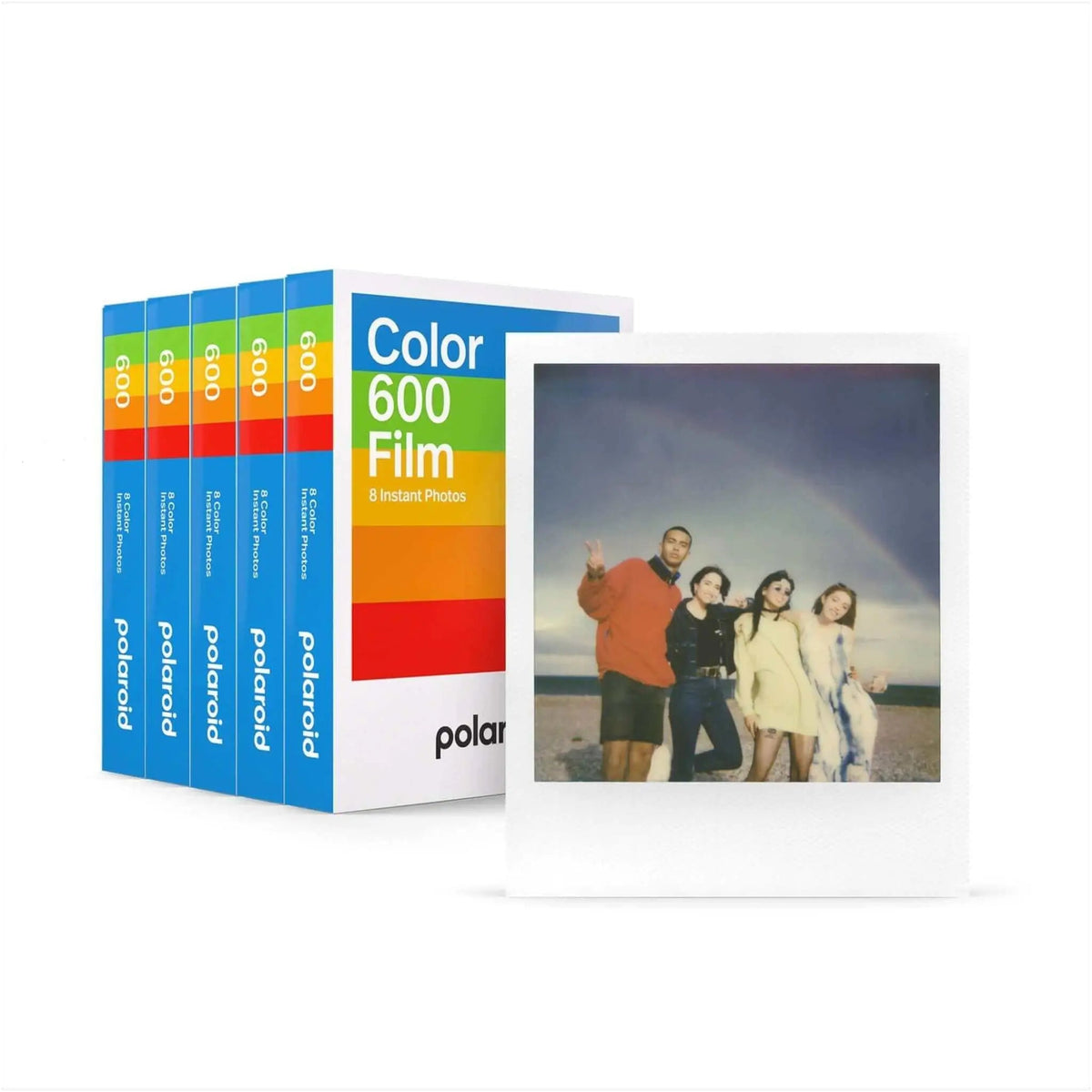 Polaroid color 600 film pack with rainbow-striped packaging and a sample instant photo of four people on the front.