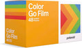 Polaroid color go film box, vibrant orange with rainbow-striped accents and a colorful chevron design.