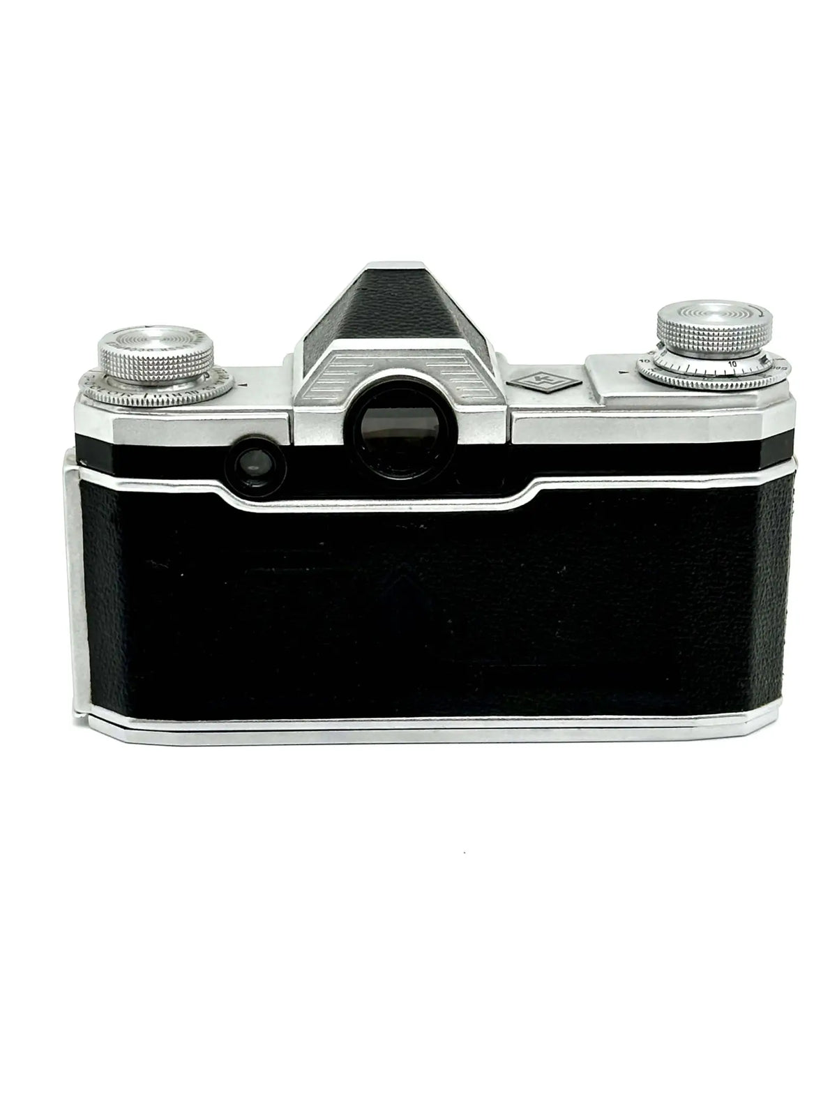 Black leather-bodied camera with silver metal accents and a classic rangefinder design.