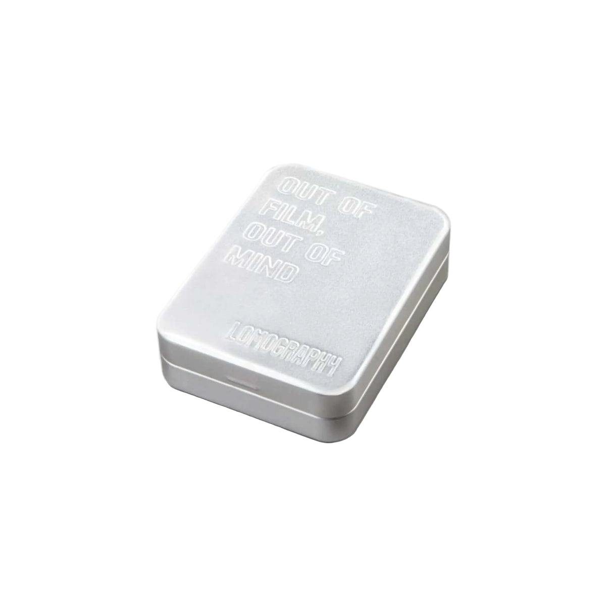 Lomography Metal Film Case for 135/120 featuring a sleek silver design with embossed text 'Out of Film, Out of Mind'