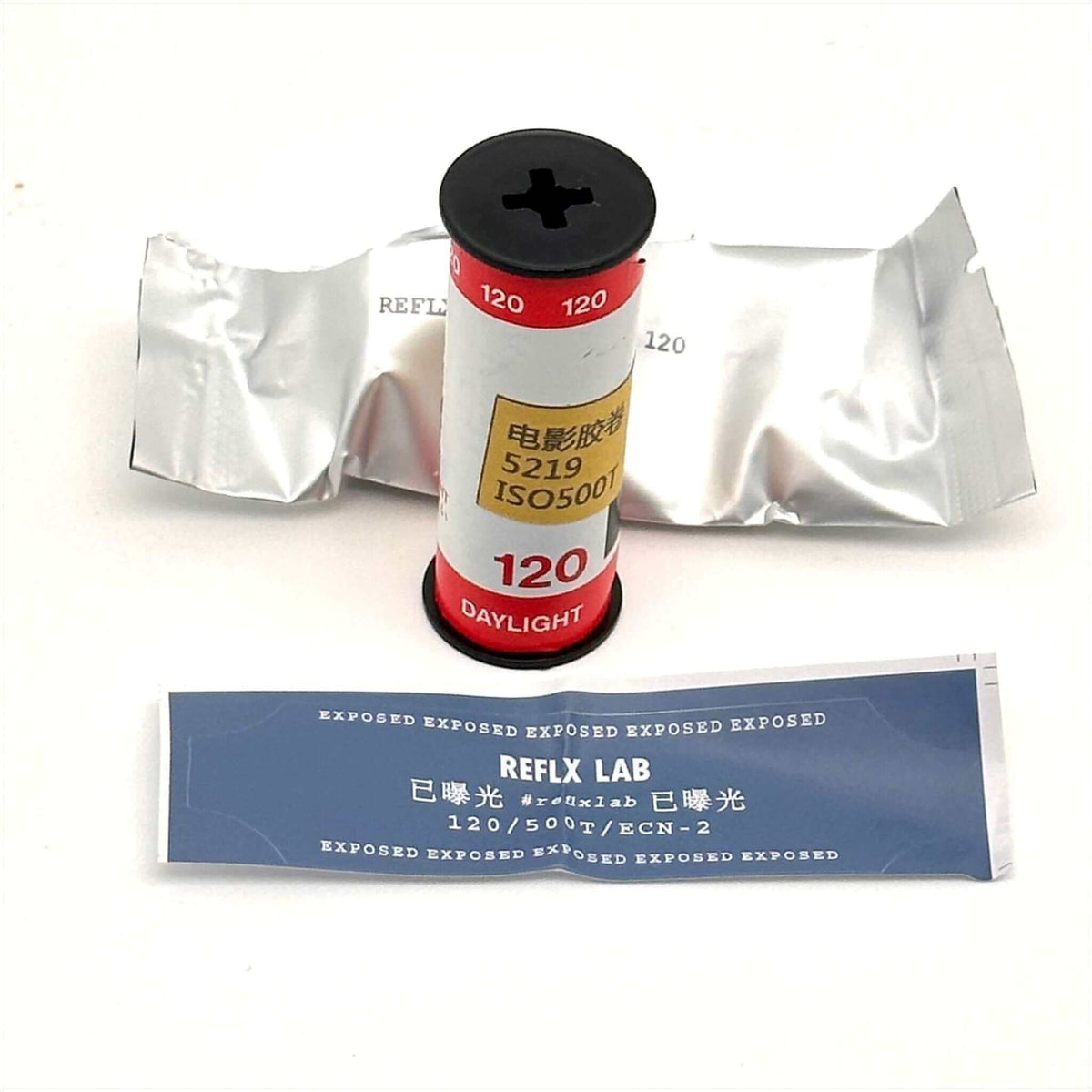 Reflx Lab 5219 500T 120 film canister, designed for medium format photography and optimal image quality.